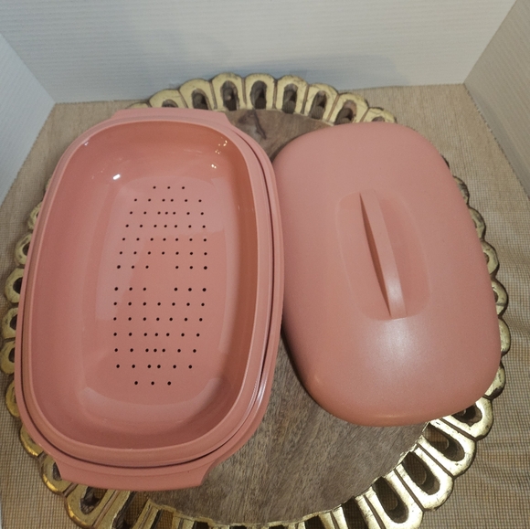 Tupperware Microwave Steamer Serving Bowl 3 Piece Dusty Rose Pink 1273-3 Vintage - Picture 7 of 14